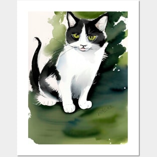 Watercolour Tuxedo Cat on a green lawn Copyright TeAnne Posters and Art